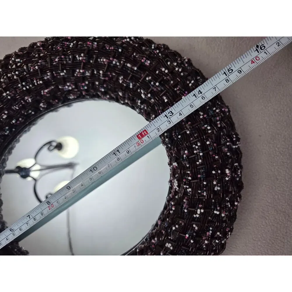 Vtg Metal Oval Beaded Wall Mirror Boho Deep Purple Brown Seed Beads